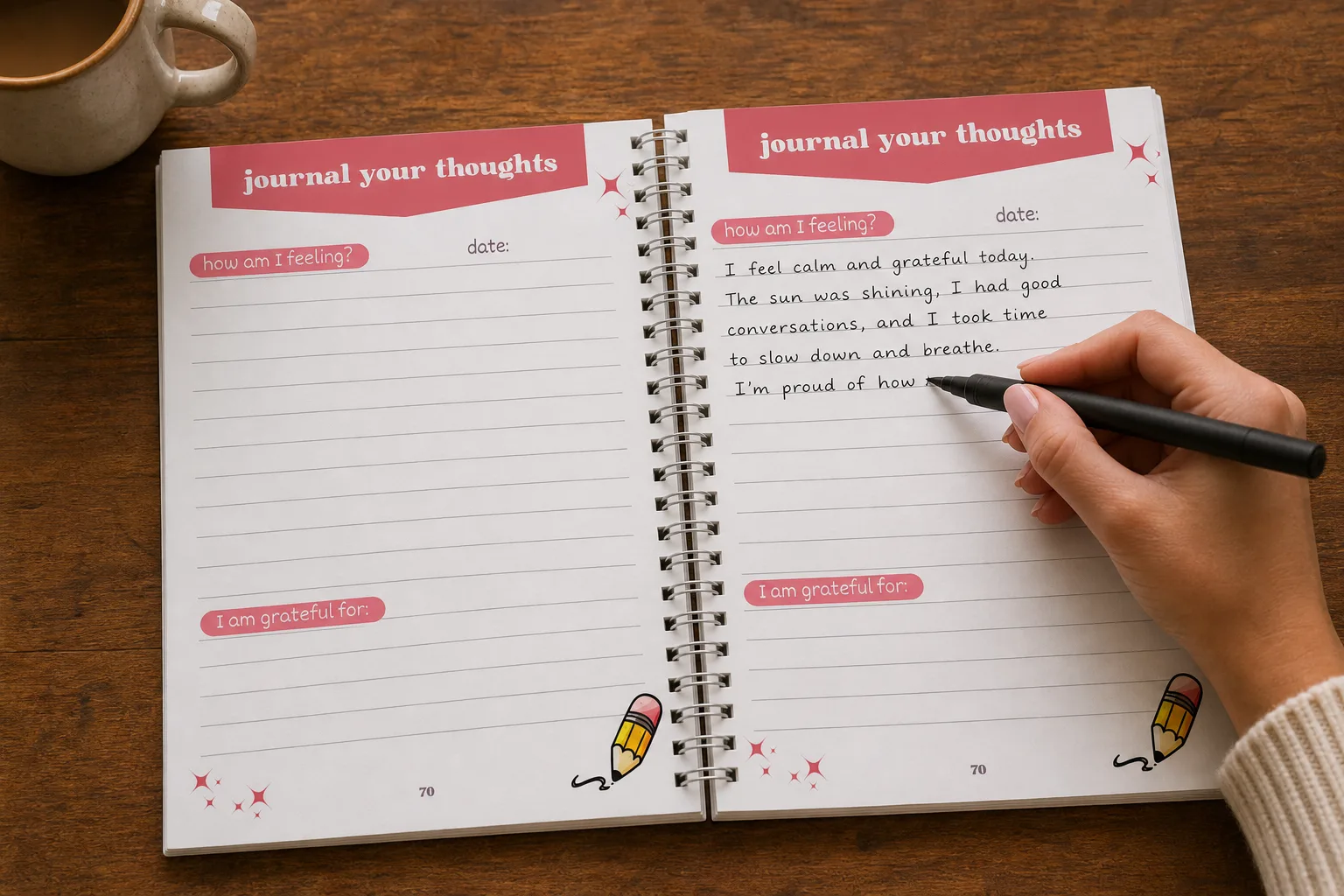 This journal: open it anywhere and it stays flat, so the writing stays even right into the middle.