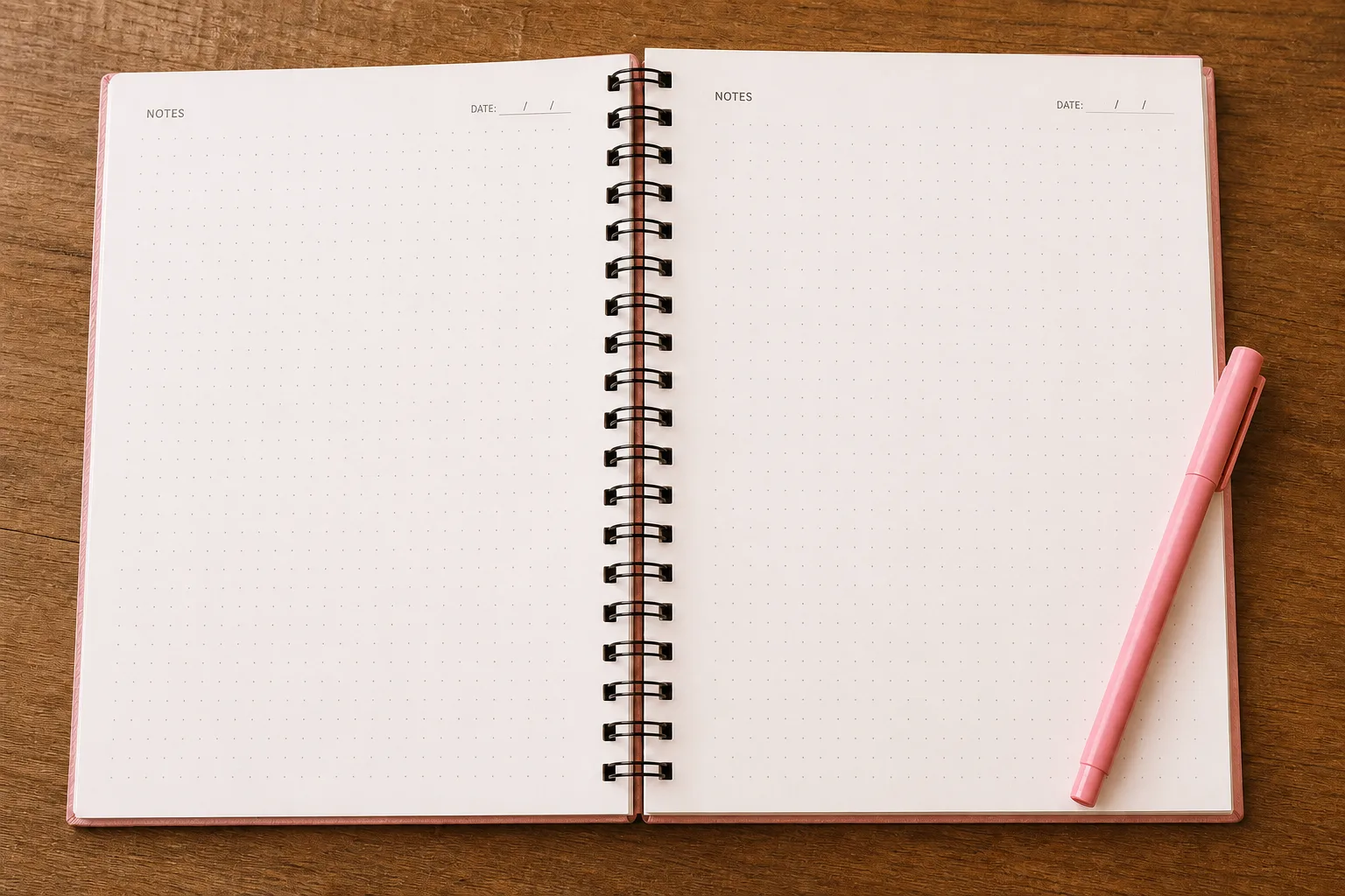 Same desk, same pen: a crisp dot-grid page can feel too perfect to touch.
