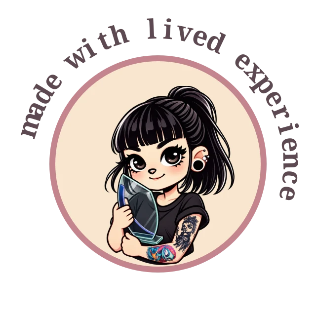 Made with lived experience: cartoon Kari hugging her Peer Support Award trophy