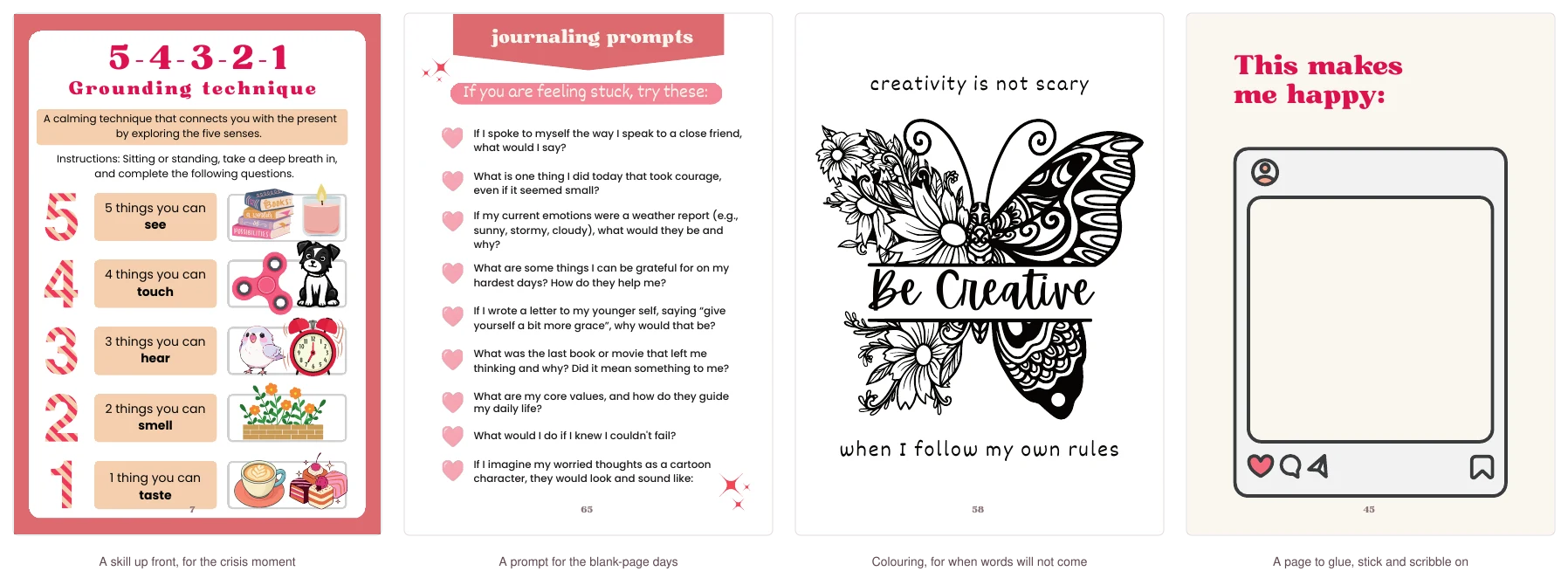 Four pages from the journal: a grounding skill, a journaling prompt page, a colouring page, a creative page for gluing and scribbling