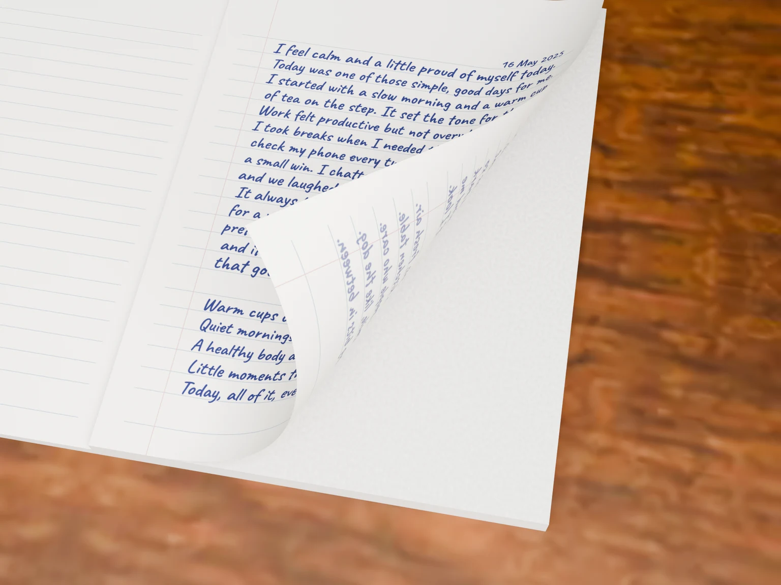 Thin paper: the same words, lift the corner and they show through in reverse.