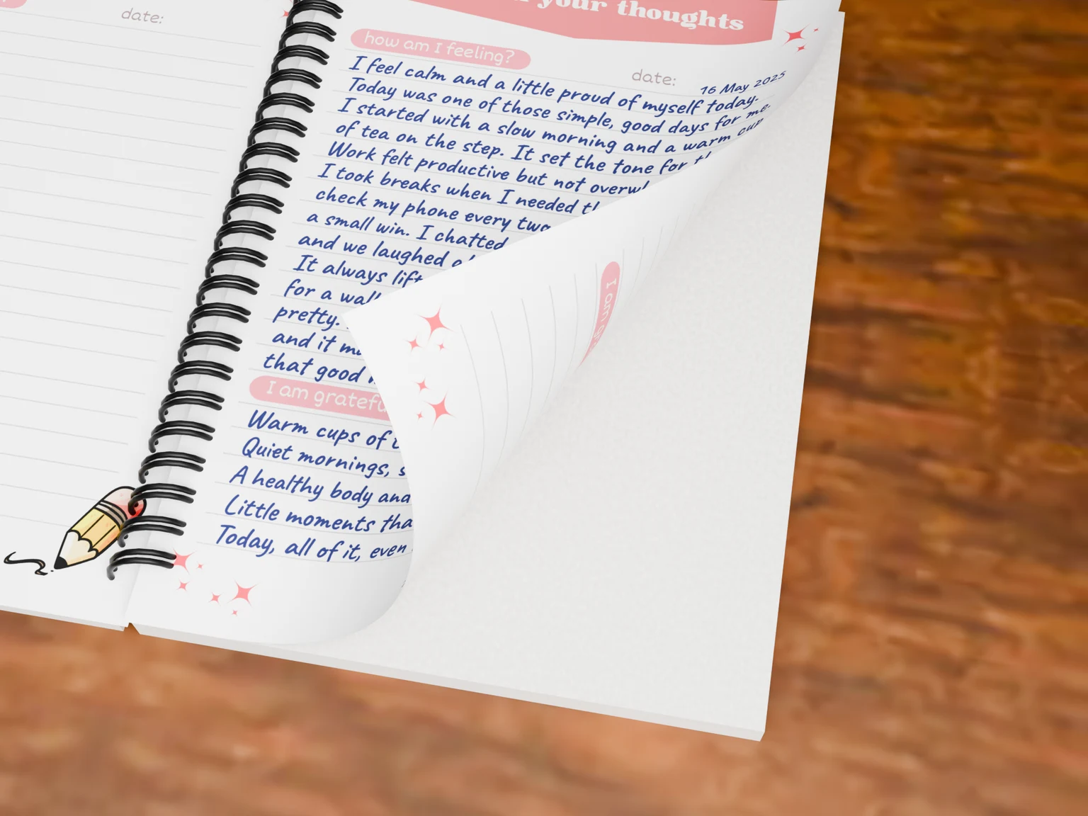 This journal: a page full of felt tip, lift the corner and the other side is clean.