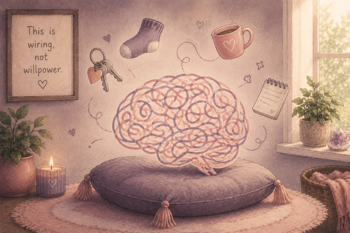 A softly lit room with a tangled ball of pink and purple thread shaped like a brain resting on a cushion, beside a framed note reading 'This is wiring, not willpower.'