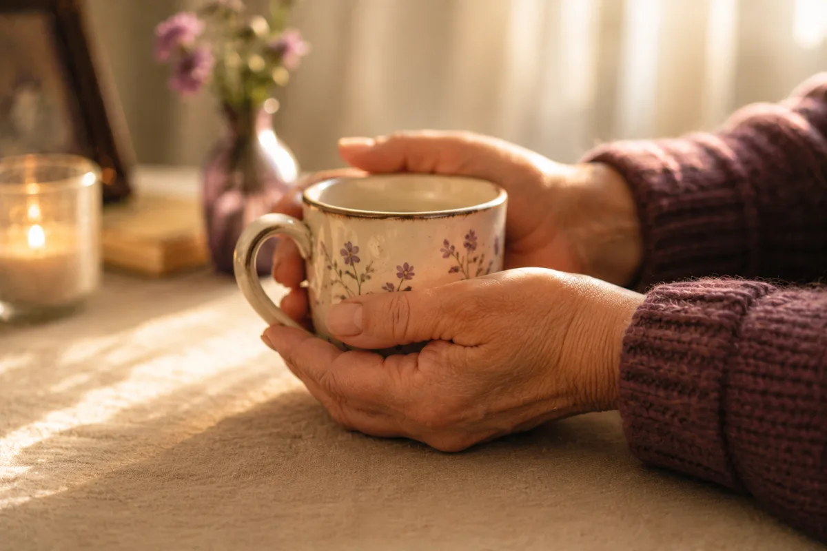 Two older hands gently cradling a floral mug in soft candlelight.