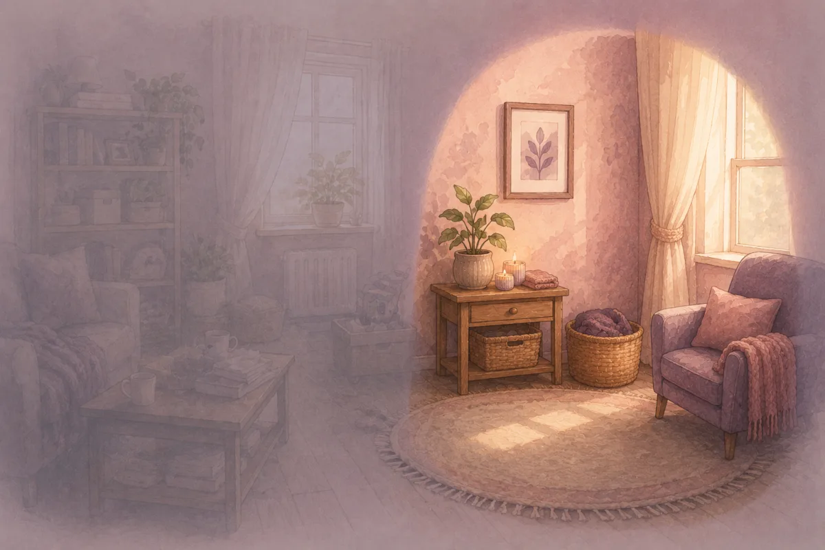A softly faded room with a single tidy corner in clear focus, catching the morning light.