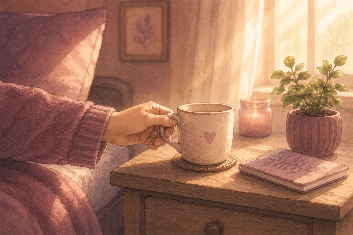 A hand reaching for a heart-patterned mug on a bedside table beside a candle and a small plant.