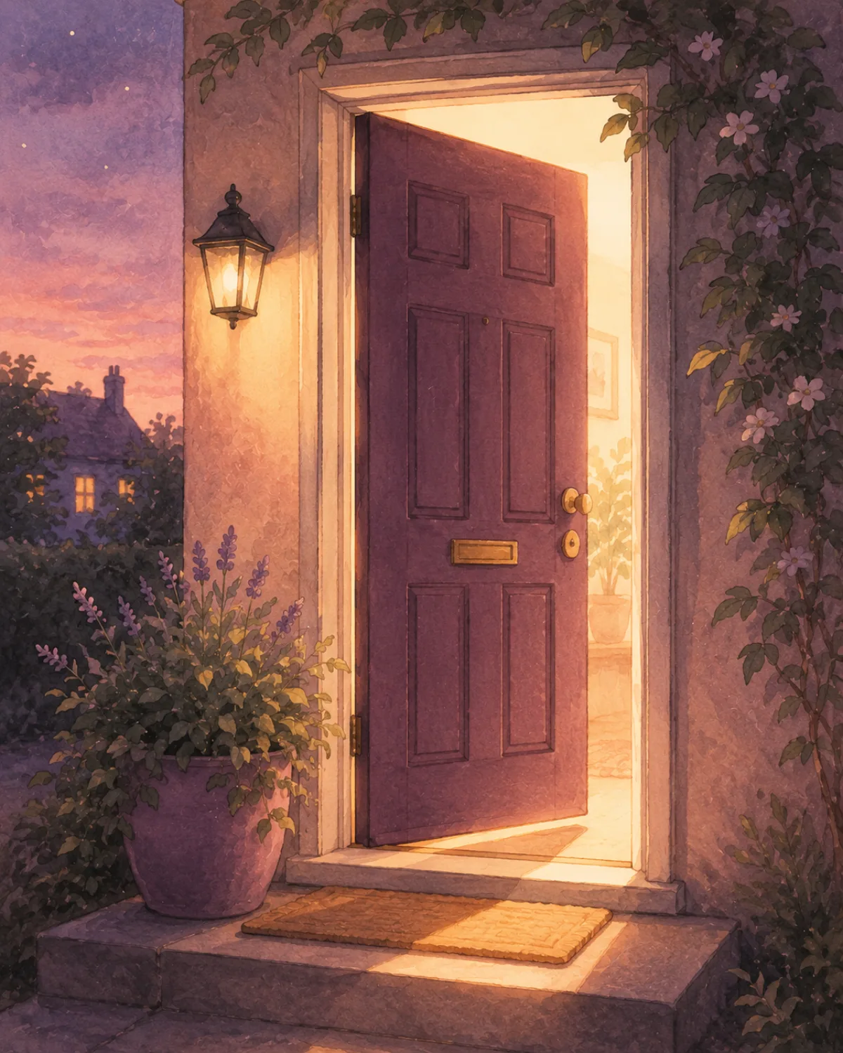 A welcoming front door opening at dusk, warm light spilling out across flowers on the step.