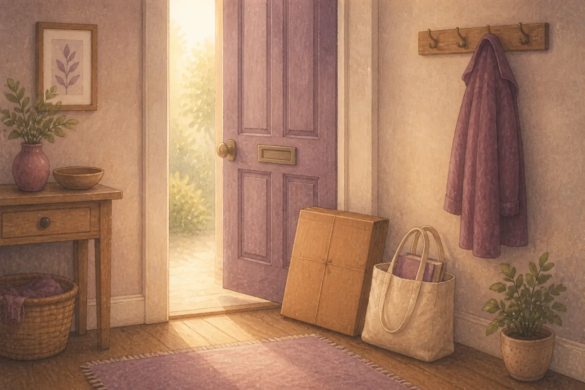 A calm hallway with the front door open to daylight, a flattened cardboard box and a tote bag of books waiting by the door.