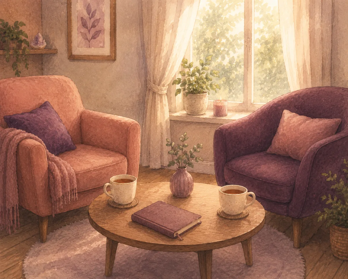 Two comfortable armchairs facing each other across a small table set with two mugs and a notebook.