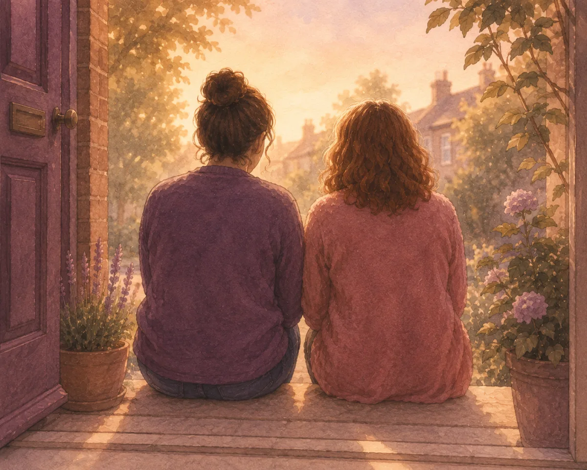 Two people sitting close together on a doorstep, seen from behind, looking out over a garden in golden light.