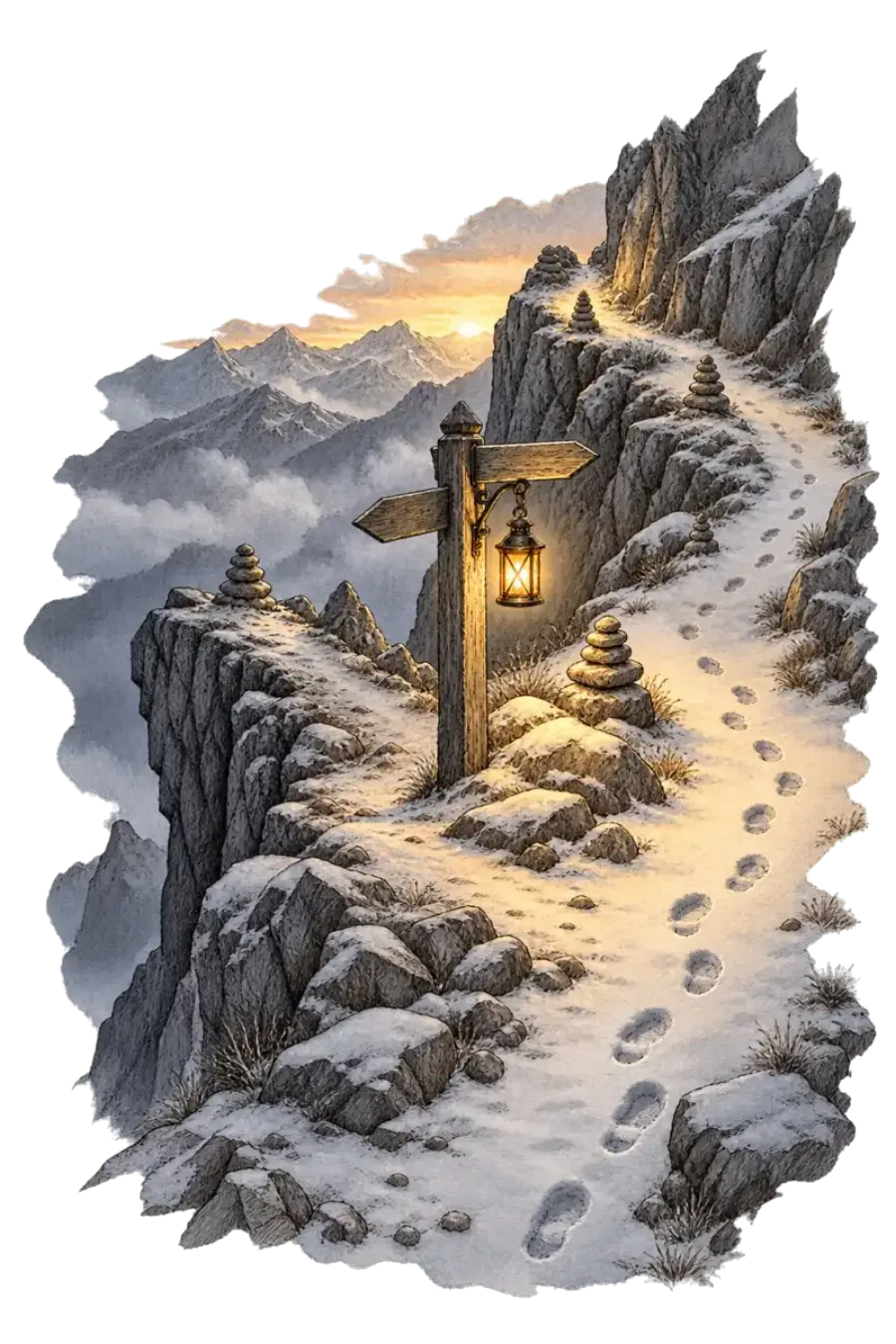 A lantern on a wooden waymarker lights the safe way through a snowy mountain pass, with footprints going on ahead.