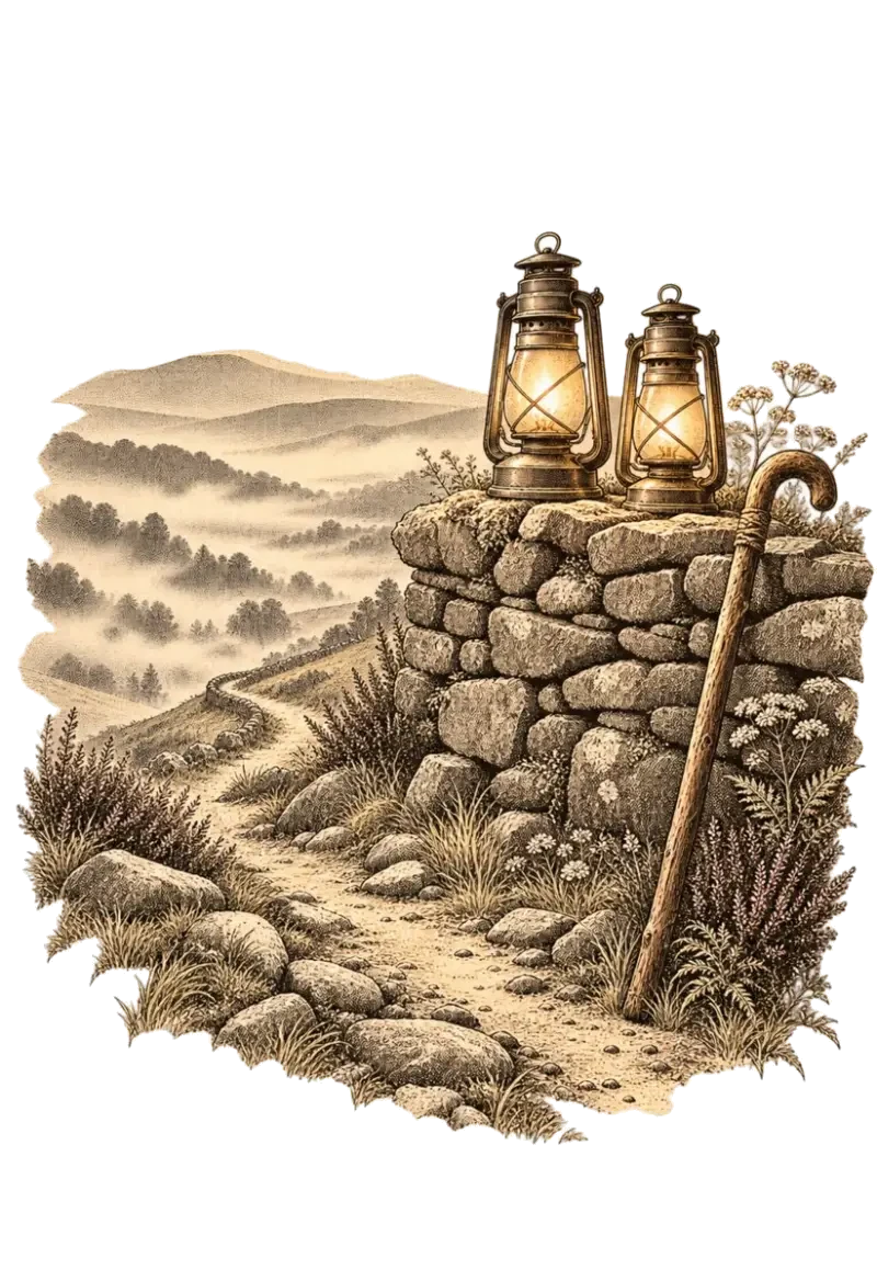 Two lit lanterns side by side on a stone wall at the top of a winding path, a walking stick leaning beside them