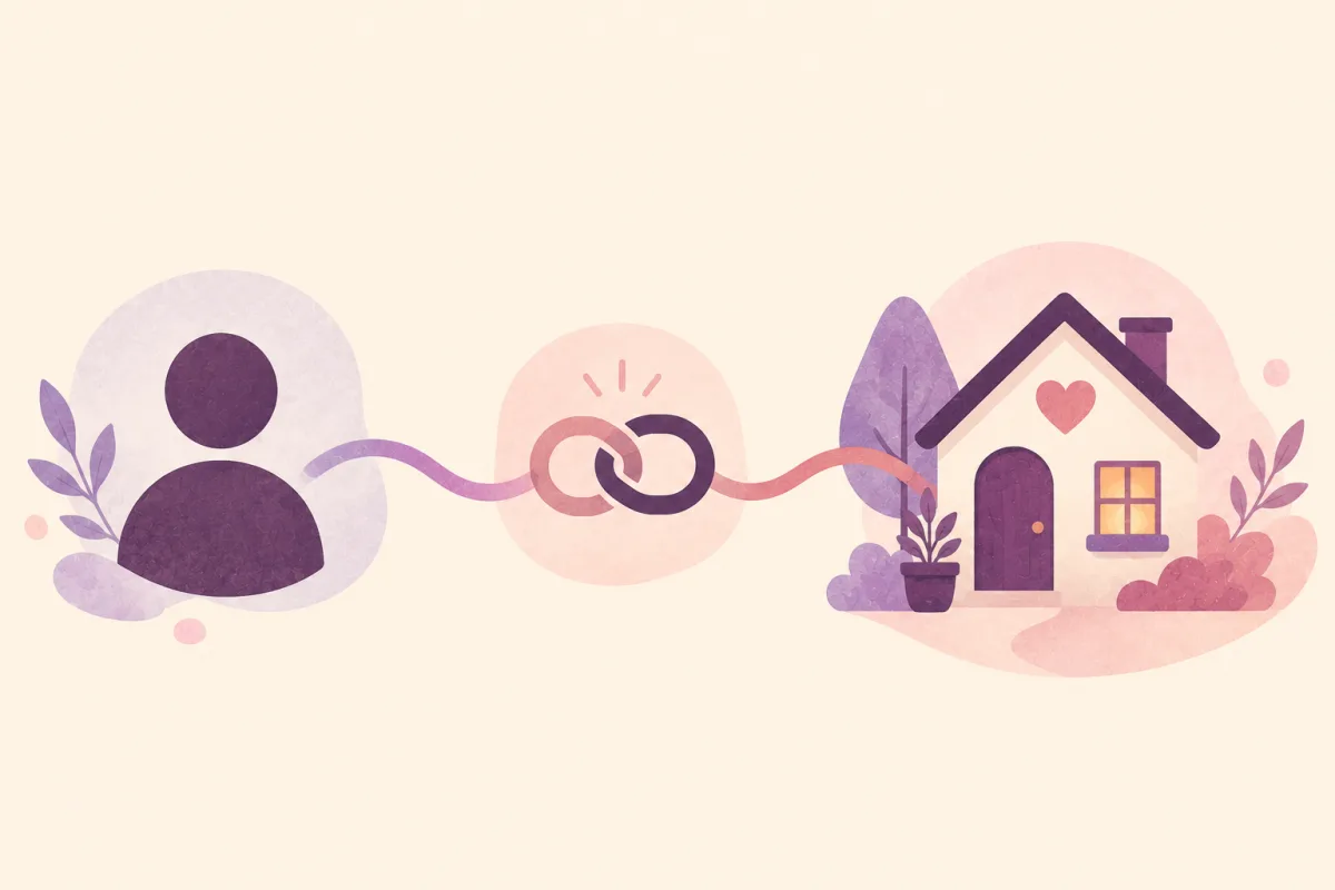 A gentle illustration of a person linked by a soft thread to a small home, suggesting a connection to support.