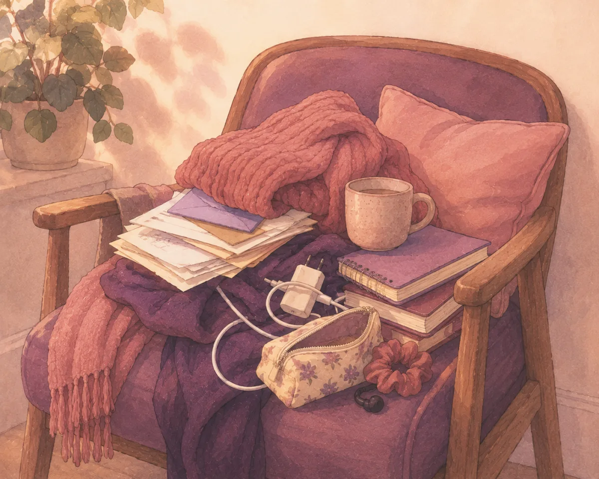A wooden chair holding a jumble of papers, a charger, a scrunchie and a mug, the everyday pile that gathers on a spare seat.