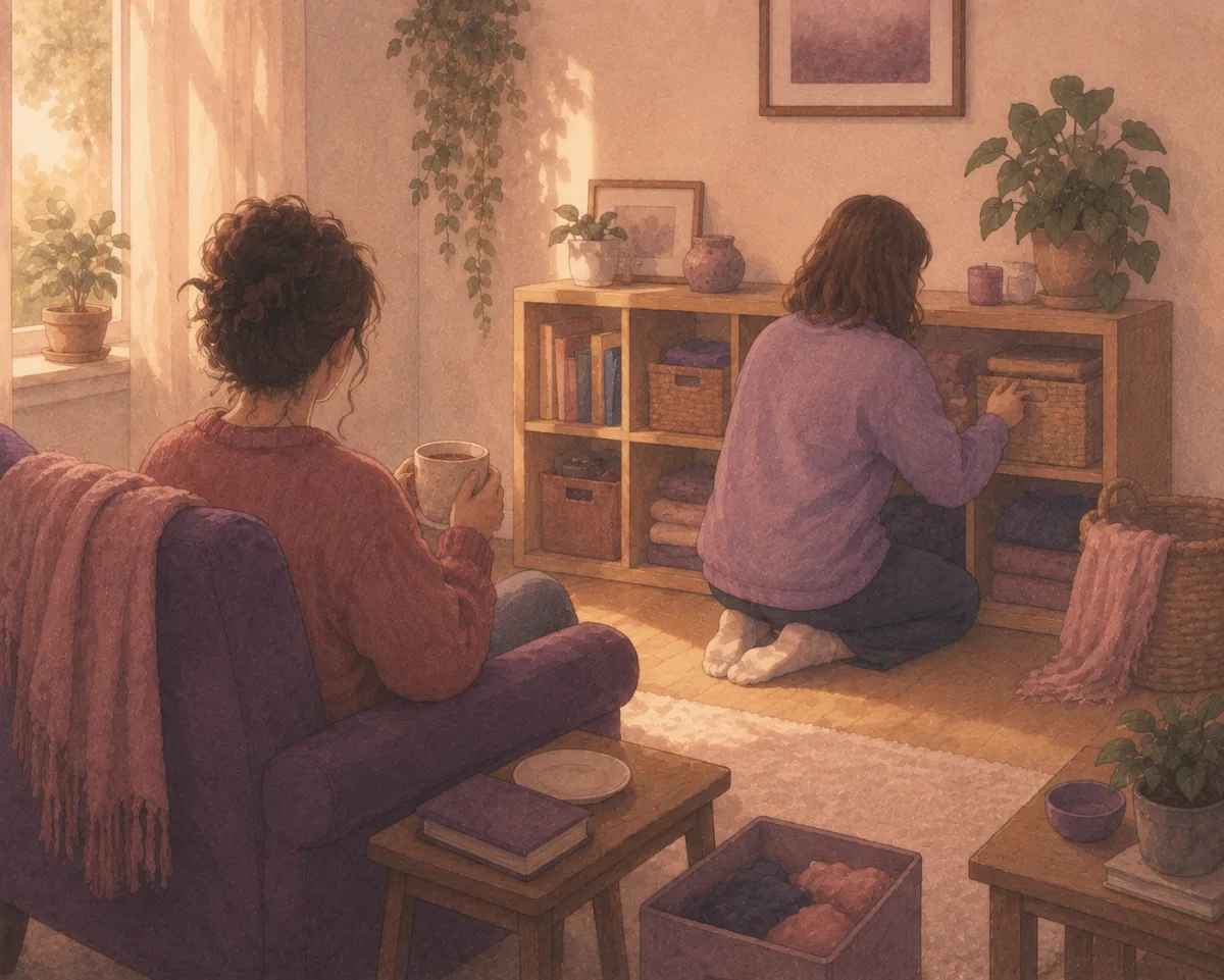 Two people in a warmly lit room, one sitting with a mug while the other kneels to tidy a bookshelf, working calmly side by side.