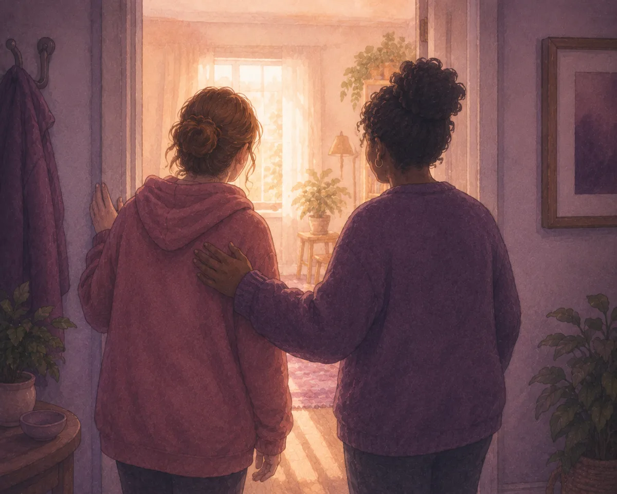 Two people seen from behind in a warm doorway, one resting a reassuring hand on the other's back, looking into a softly lit room.