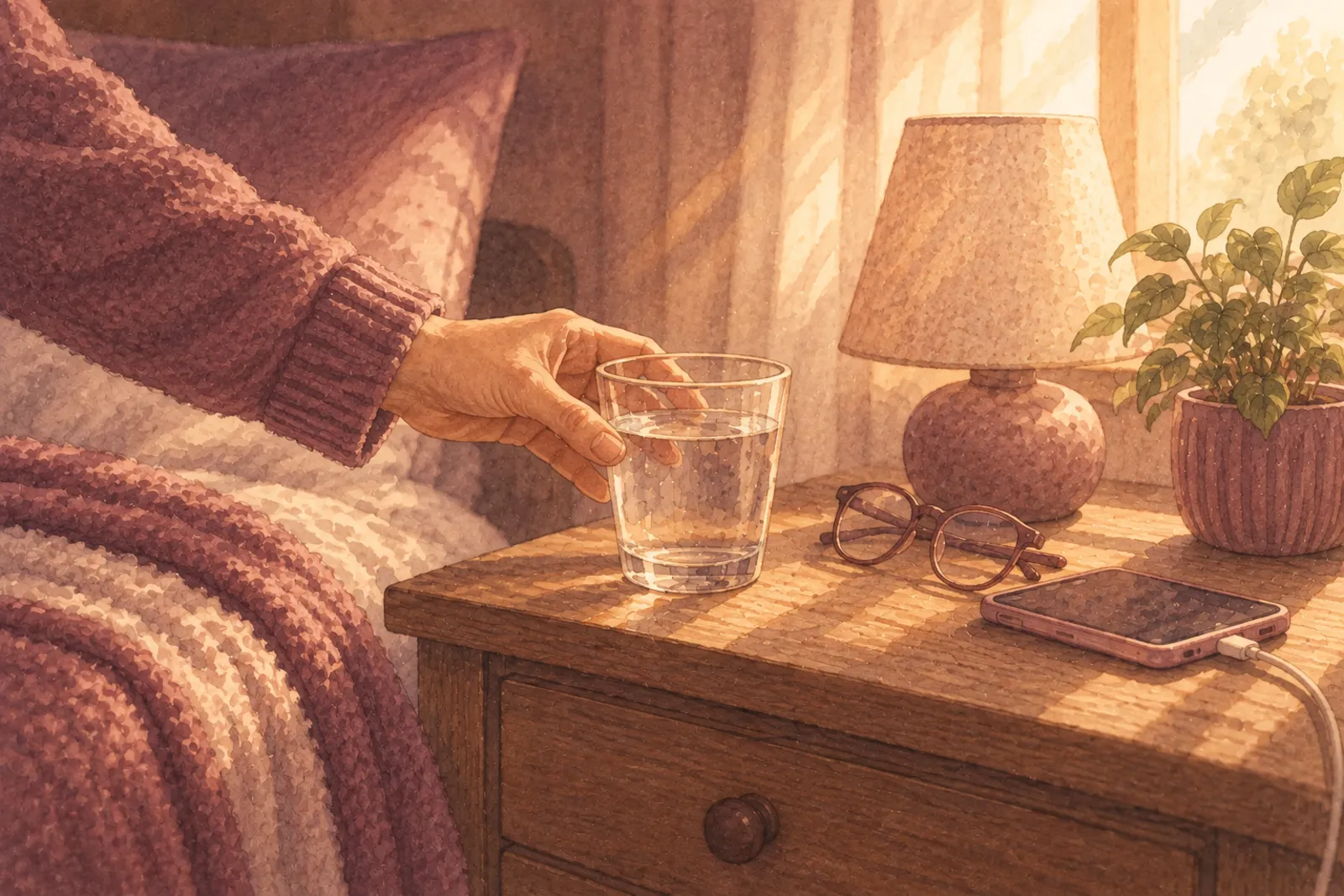 A watercolour of a bedside table in morning light: a hand in a knitted sleeve setting down a glass of water beside reading glasses, a phone on charge and a lamp