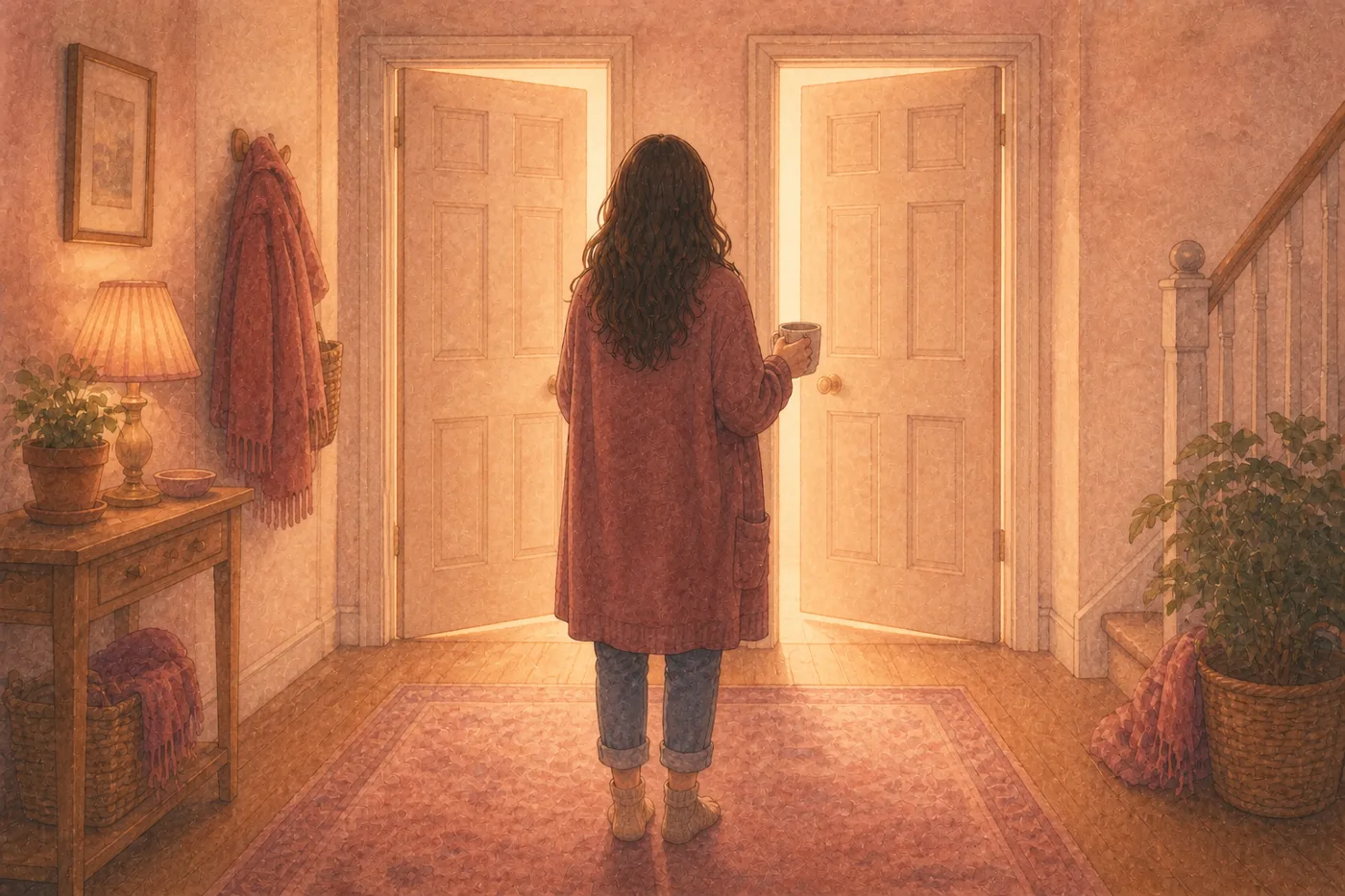 Watercolour scene from behind: a woman with a mug of tea stands in a warm hallway facing two doors, both ajar with golden light spilling through, deciding which to open first