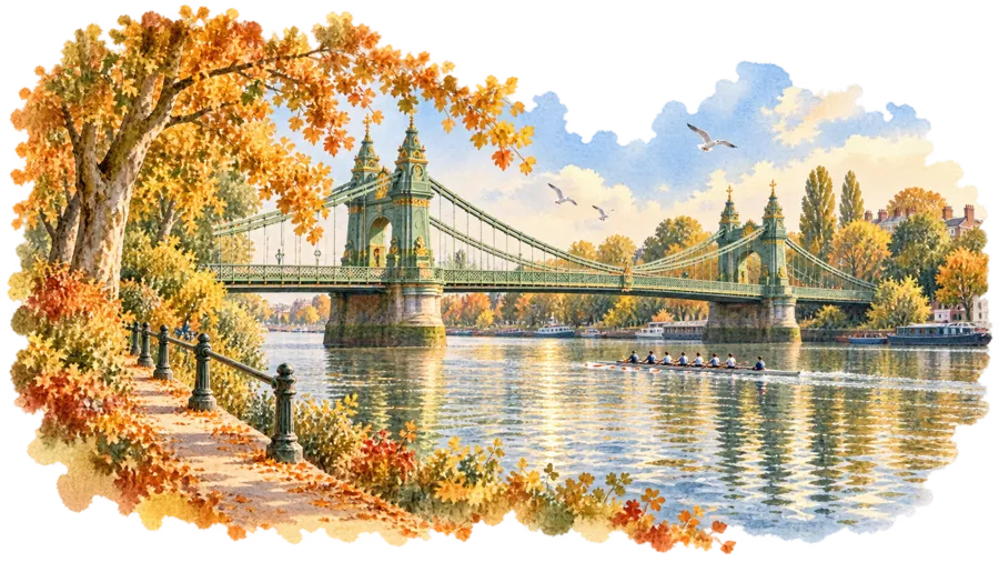 Hammersmith Bridge from the riverside path in autumn, a rowing boat passing