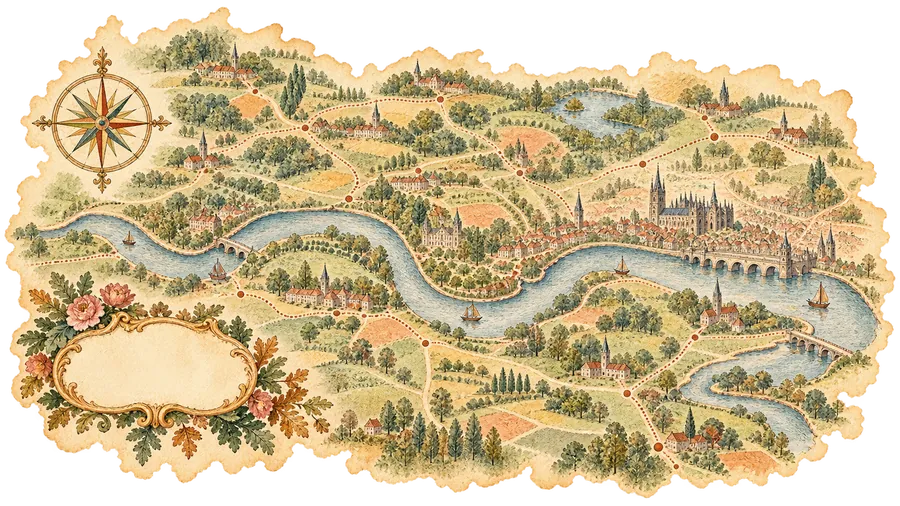 A hand-tinted, old-fashioned map of West London countryside and villages, with a river, bridges, a compass and an empty scroll label