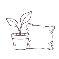Line drawing: a potted plant beside a cushion