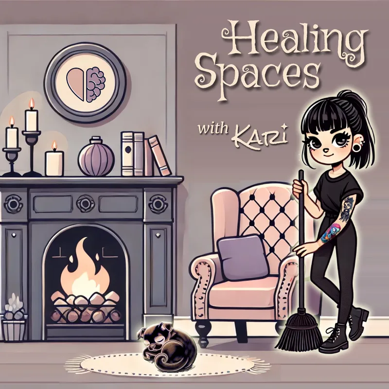 Healing Spaces with Kari, illustrated scene with a fireplace, armchair, sleeping cat and Kari with a broom