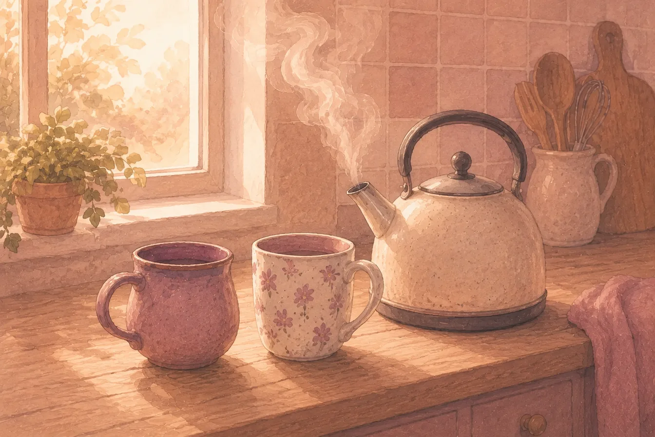 kettle on, two mugs