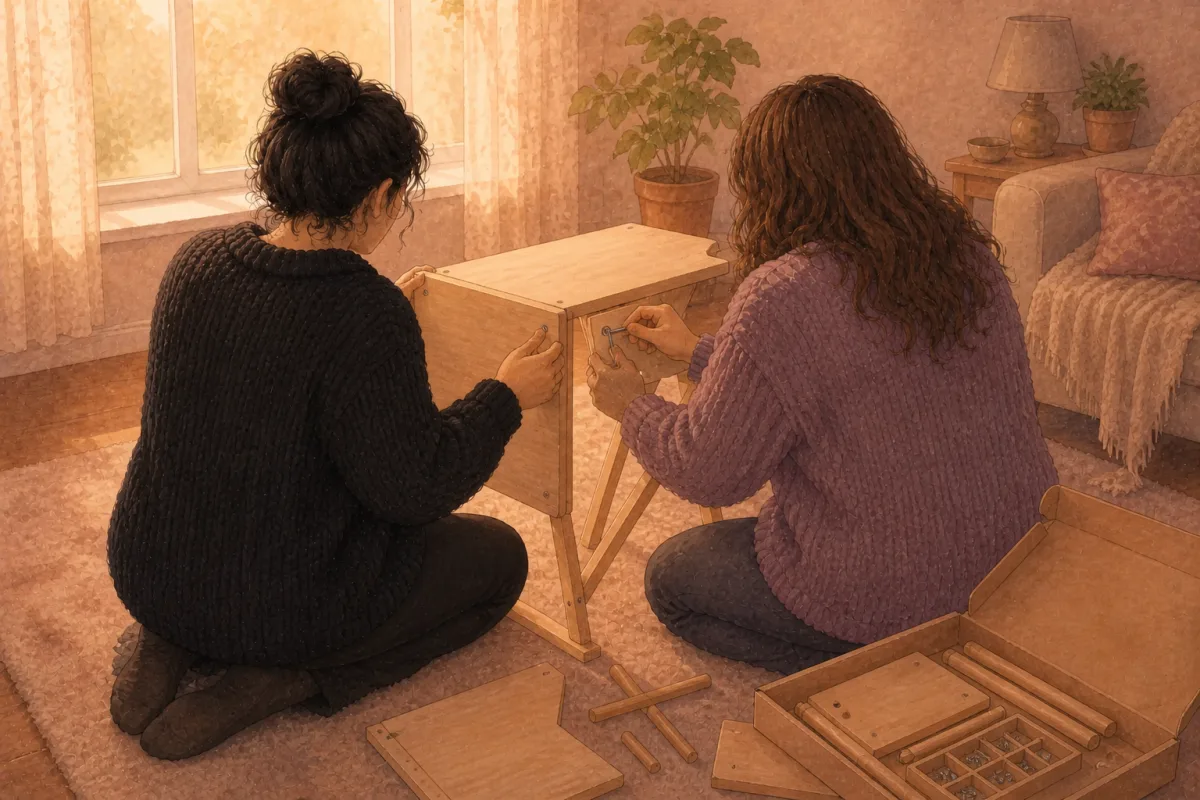 Watercolour illustration of Kari and a client kneeling on a living-room rug, assembling a small wooden table together