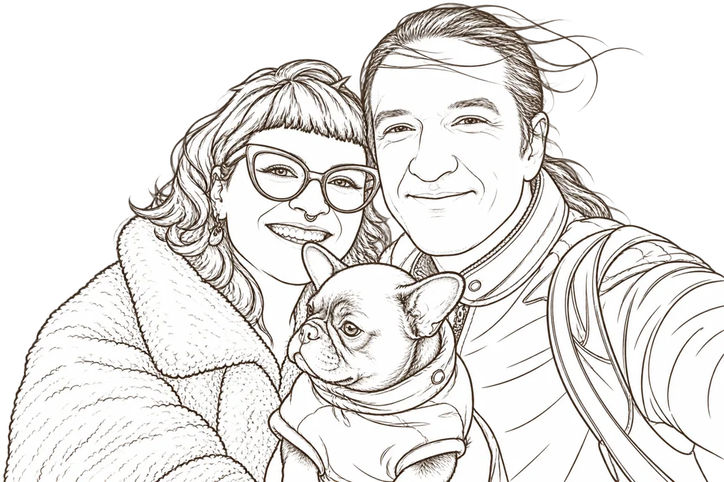 Kari, David and Wednesday the chug, drawn in ink