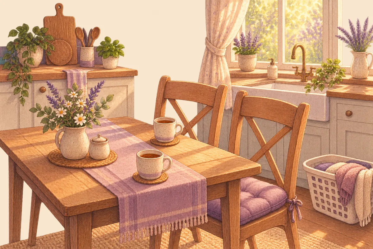 A kitchen table with two mugs of tea and two chairs pulled up side by side, a laundry basket on the floor, afternoon light