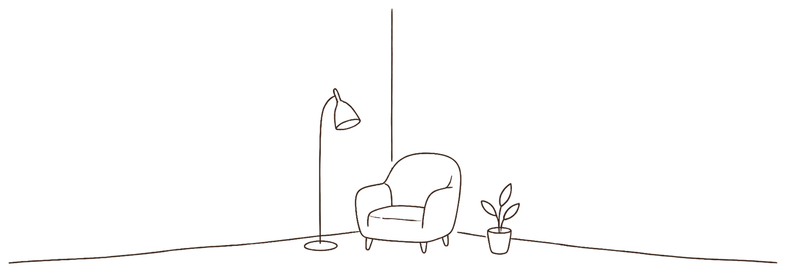 The corner of a room drawn in a few lines: an armchair, a floor lamp beside it and a small plant on the floor