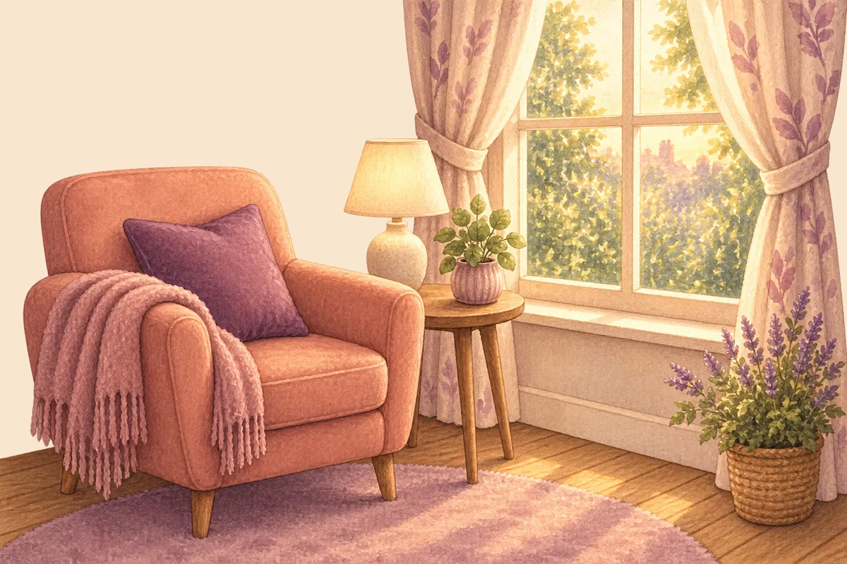 A small armchair in the corner of a room by a window, a folded blanket on it, a lamp and a plant on a little side table, a round rug