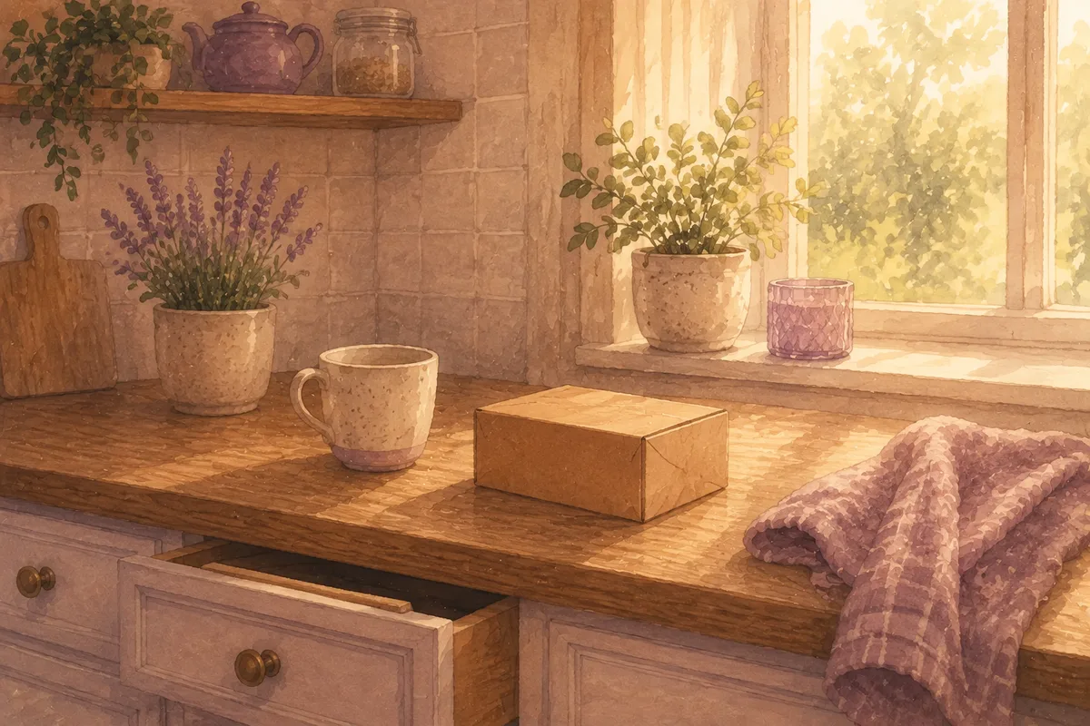 A kitchen worktop with one drawer pulled open, a mug, a small cardboard box and a folded tea towel, morning light through the window