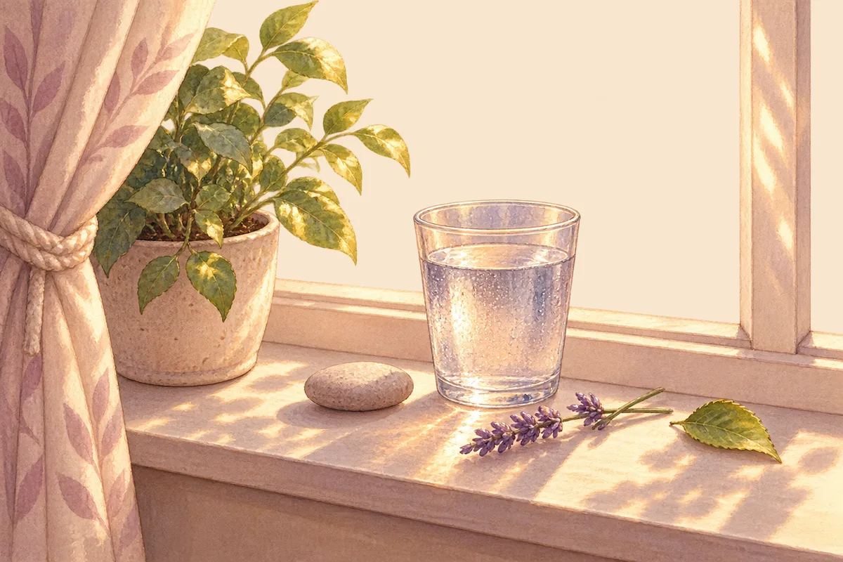 A windowsill in morning light with a glass of cold water, a smooth pebble, a sprig of lavender and a leaf
