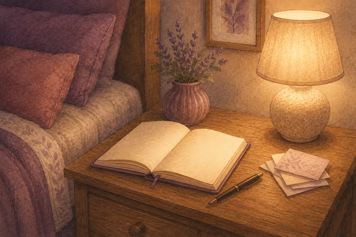 A journal open on a bedside table with a pen and a few small folded notes beside it, a warm lamp, evening