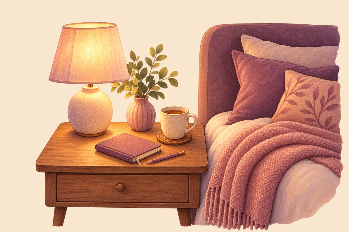 A bedside table at evening with a warm lamp, a small notebook and pencil, a mug and a folded blanket on the bed