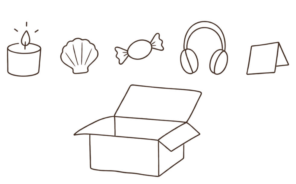 An open box with five small objects floating above it: a candle, a shell, a wrapped sweet, headphones and a folded note