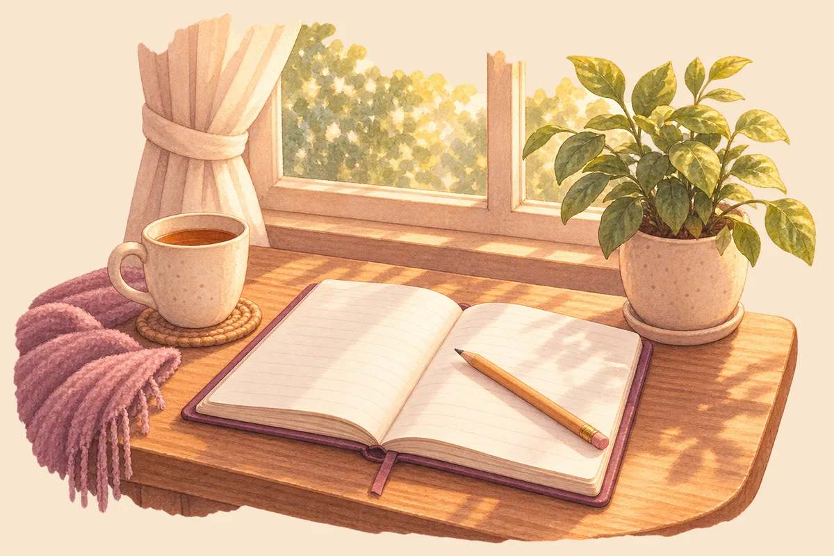 A notebook open to a ruled page on a desk by a window, a pencil across it, a mug and a pot plant beside it