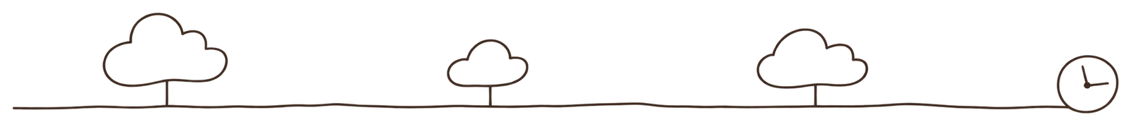 A long line with three small clouds parked along it on short stalks, and a clock face at the far end