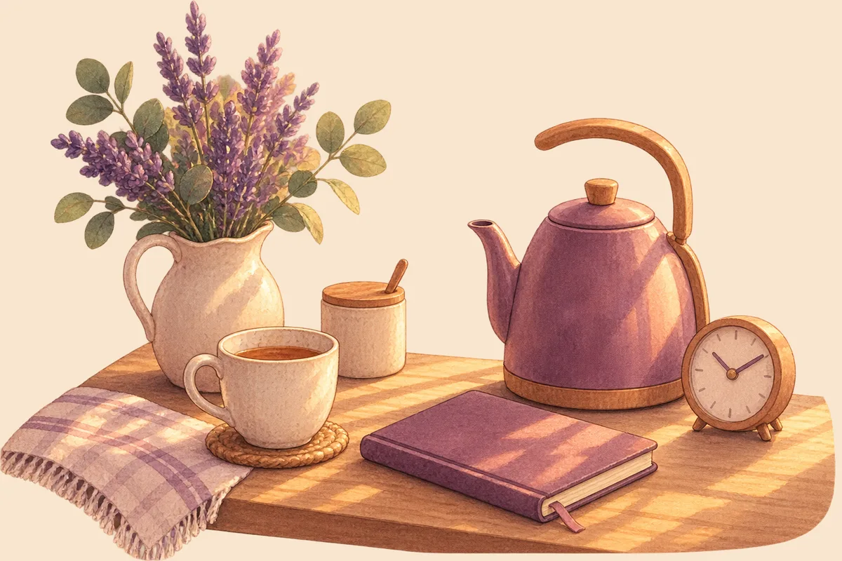 A closed notebook beside a kettle, a cup of tea and a small clock on a kitchen counter in late-afternoon light
