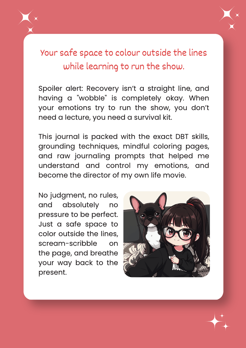 Back cover of Self-Soothing Journal (Wire-O, lies flat), with a note about the journal in Kari's own words